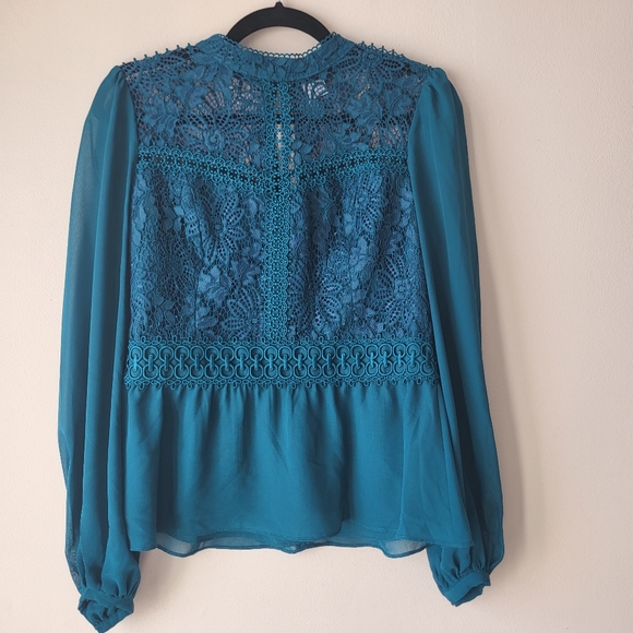 Ever New Tops - Ever New Teal Lace And Chiffon Long Sleeve Peplum Feminine Blouse